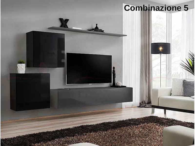 Parete attrezzata moderna mobile TV PAP49 250x150 nero e grigio