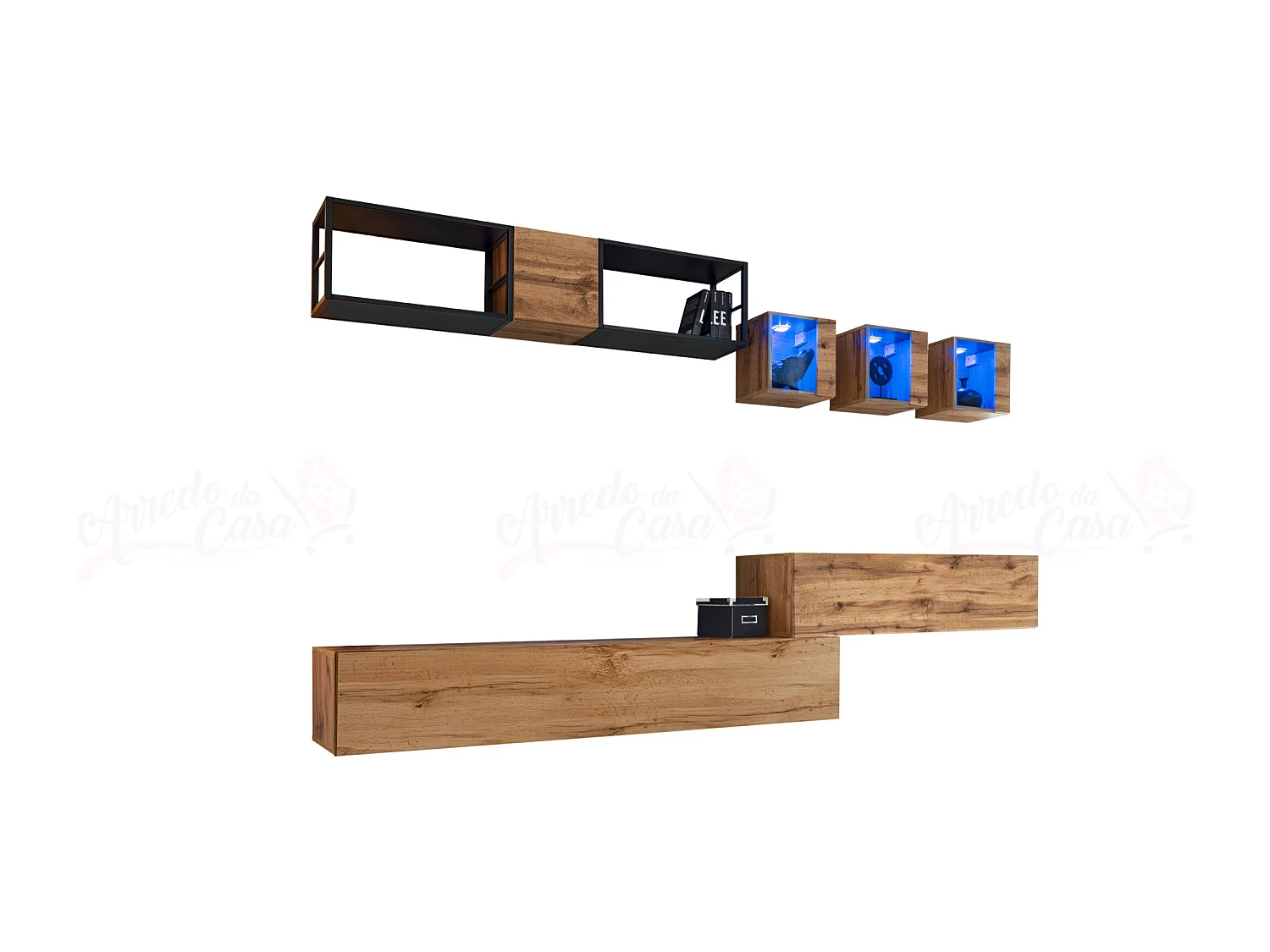 Parete attrezzata soggiorno con tre vetrine illuminate 280x170 rovere PAP75