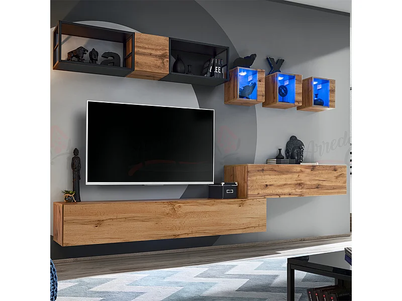 Parete attrezzata soggiorno con tre vetrine illuminate 280x170 rovere PAP75