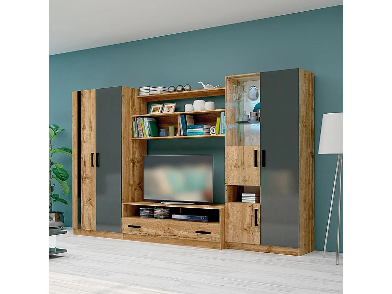 Parete attrezzata quercia/antracite lucido SG19