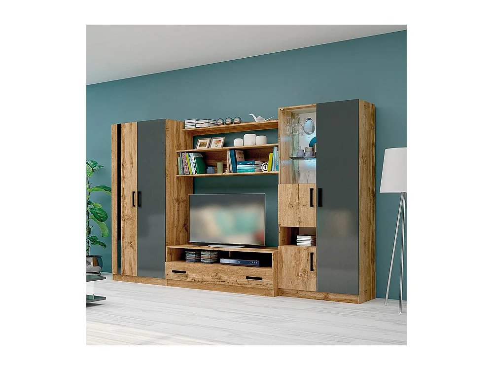 Parete attrezzata quercia/antracite lucido SG19