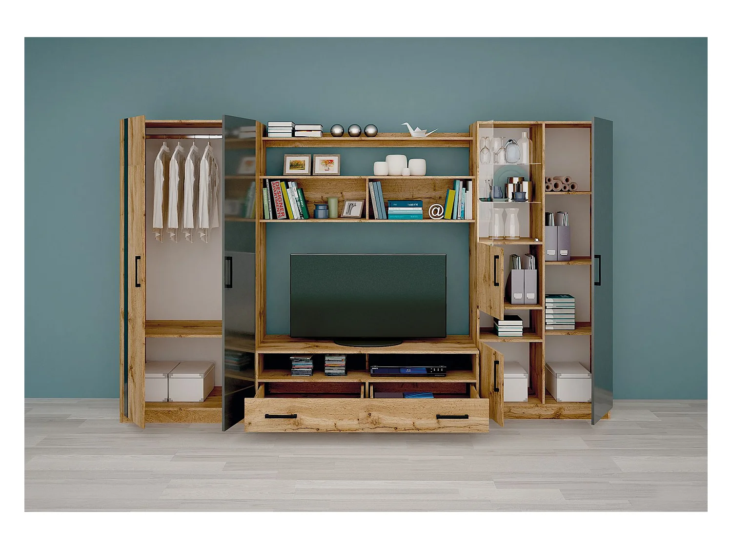 Parete attrezzata quercia/antracite lucido SG19