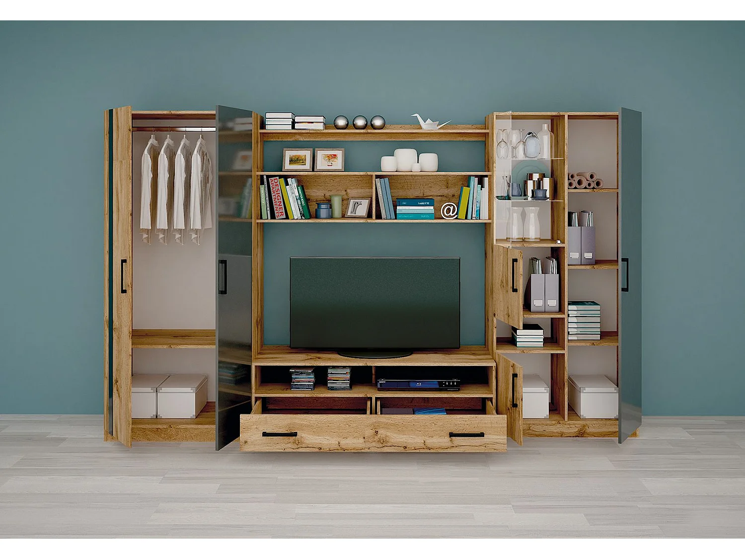 Parete attrezzata quercia/antracite lucido SG19