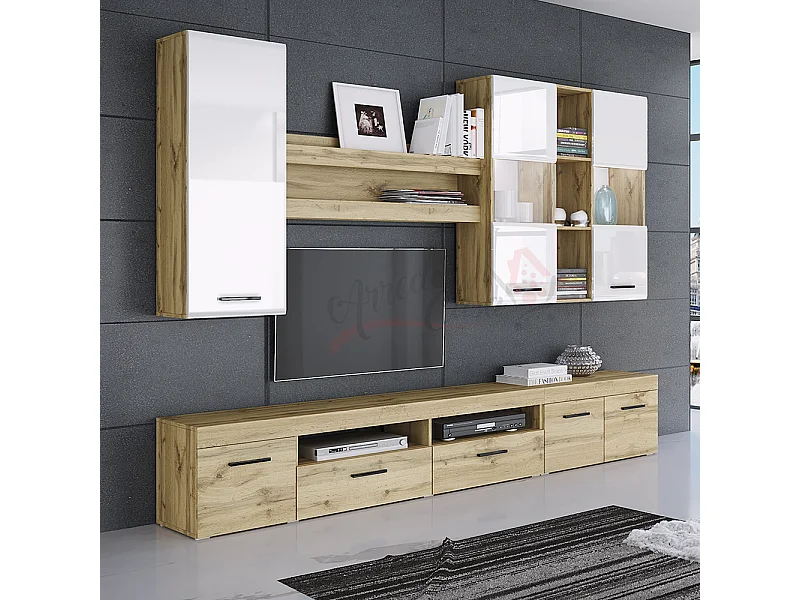 Parete attrezzata per soggiorno con led SILH 250x202 bianco lucido e rovere anticato