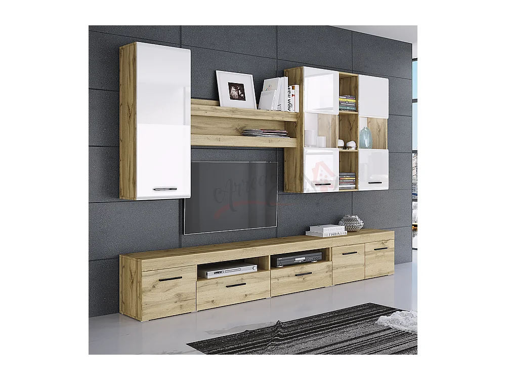 Parete attrezzata per soggiorno con led SILH 250x202 bianco lucido e rovere anticato