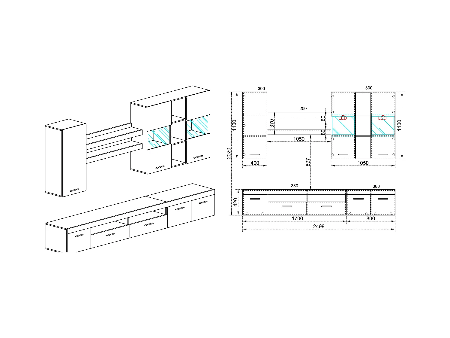 Parete attrezzata per soggiorno con led SILH 250x202 bianco lucido e rovere anticato