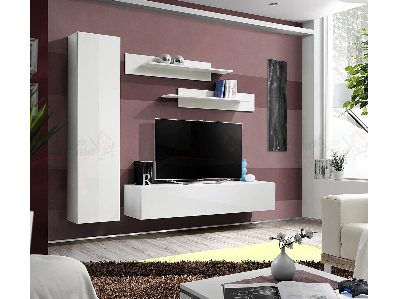 Parete attrezzata soggiorno mobile porta TV salvaspazio PAP96 210x170 bianco