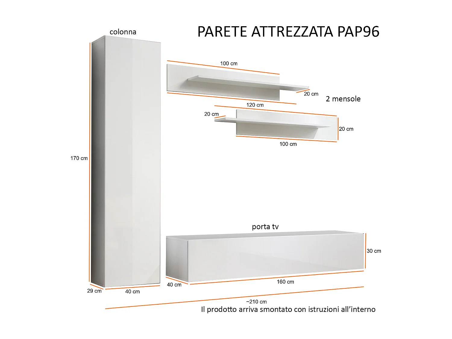 Parete attrezzata soggiorno mobile porta TV salvaspazio PAP96 210x170 bianco