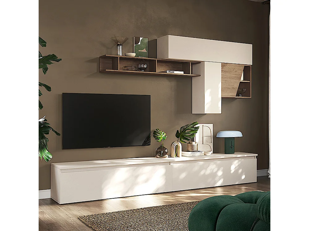 Parete attrezzata soggiorno 276x210 cm beige e noce PAL70