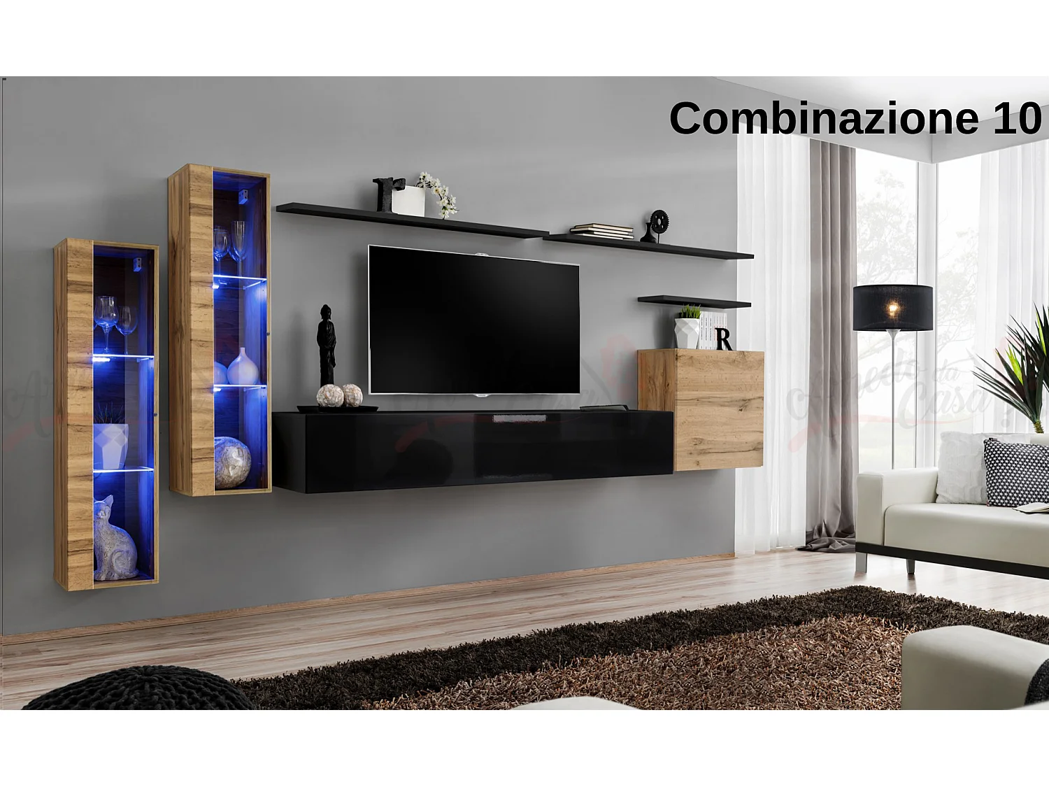 Parete attrezzata per soggiorno stile moderno PAP55 330x160 rovere e nero