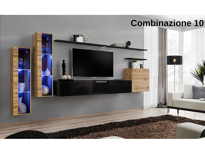 Parete attrezzata per soggiorno stile moderno PAP55 330x160 rovere e nero