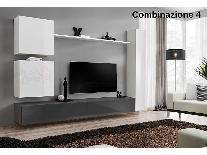 Parete attrezzata soggiorno design moderno PAP52 280x180 bianco e grigio
