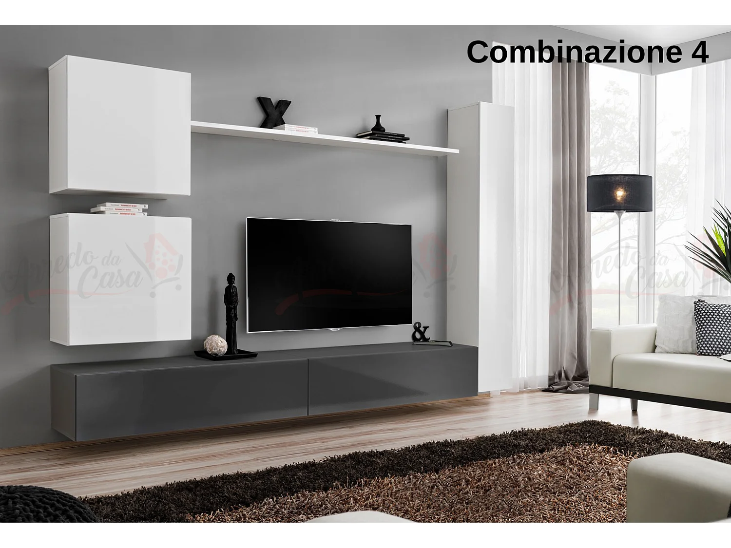 Parete attrezzata soggiorno design moderno PAP52 280x180 bianco e grigio