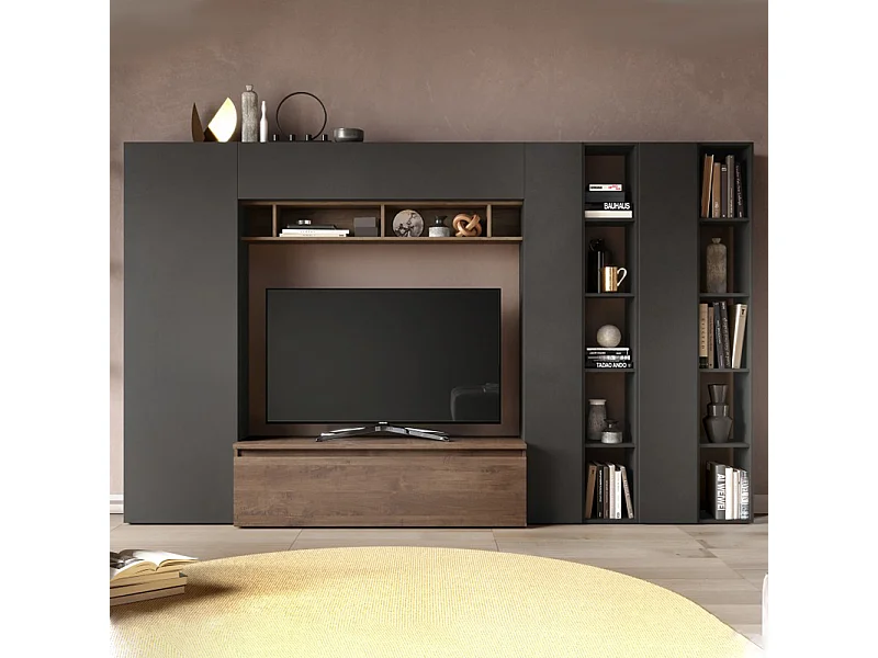 Parete attrezzata con libreria 305x186 cm grafite e noce PAL43