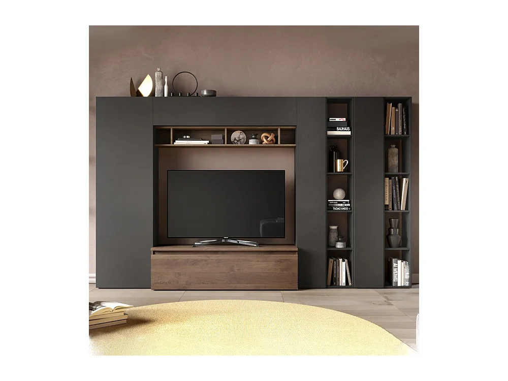 Parete attrezzata con libreria 305x186 cm grafite e noce PAL43