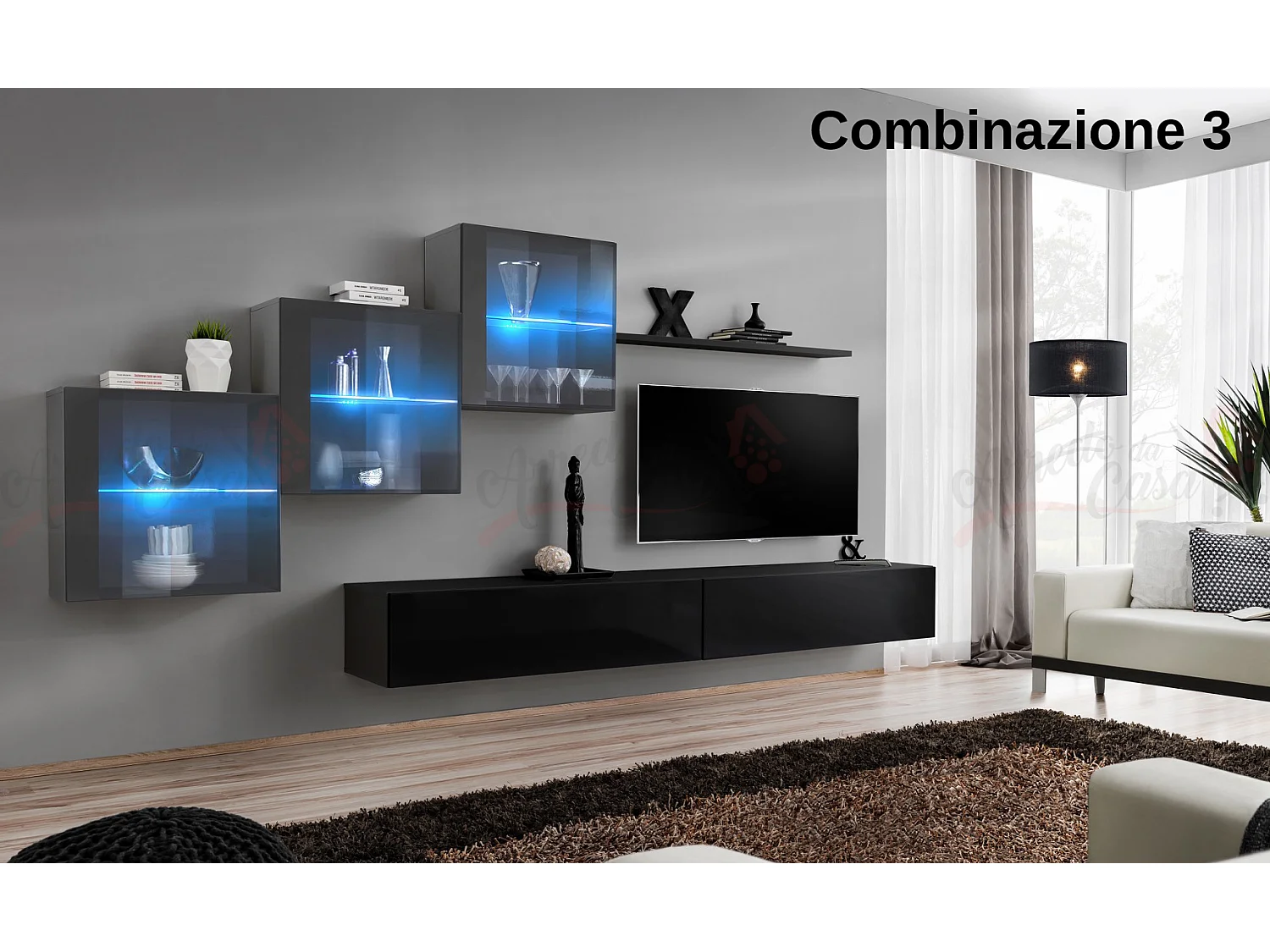Parete attrezzata sospesa design contemporaneo con led 330x160 grigio e nero PAP65