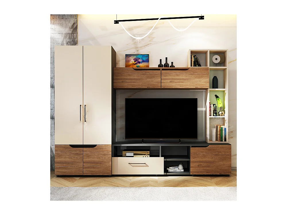 Parete attrezzata moderna 250x185 cm quercia beige e grafite SU41