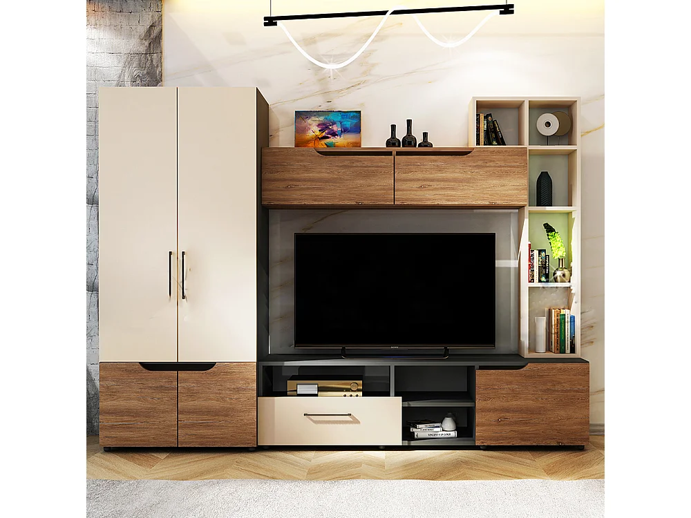 Parete attrezzata moderna 250x185 cm quercia beige e grafite SU41