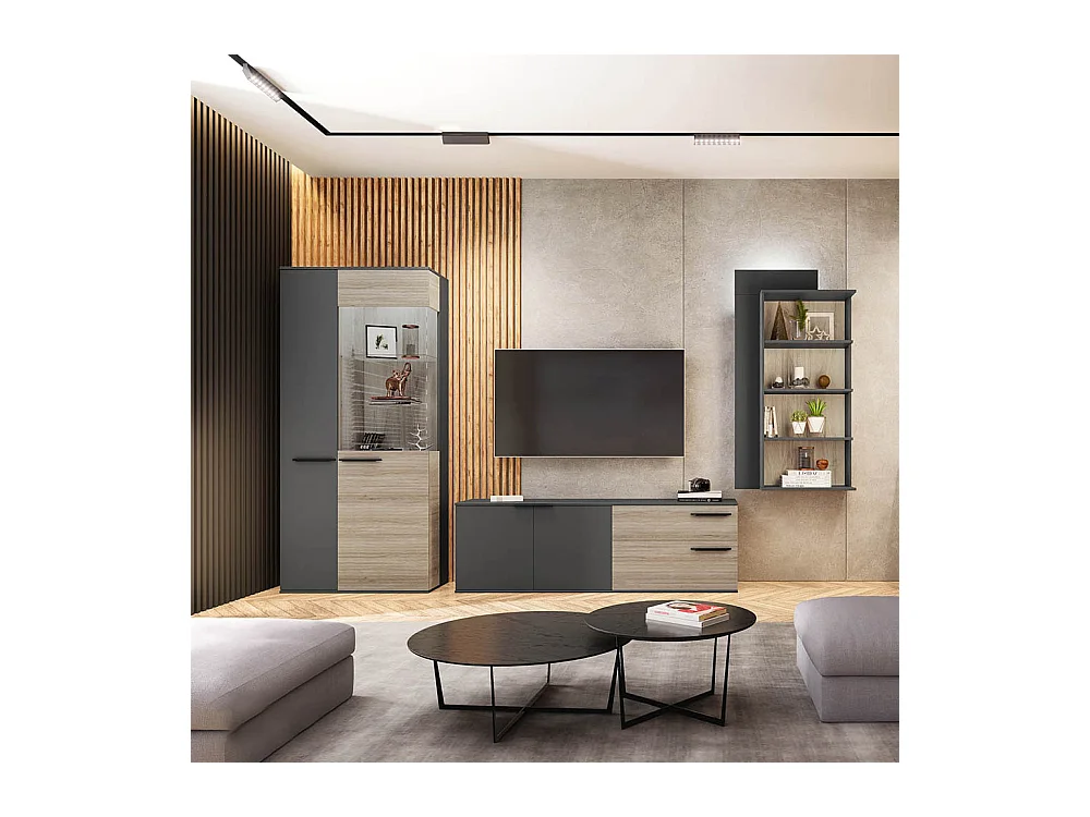 Parete attrezzata rovere chiaro e nero opaco con vetrina PAI35