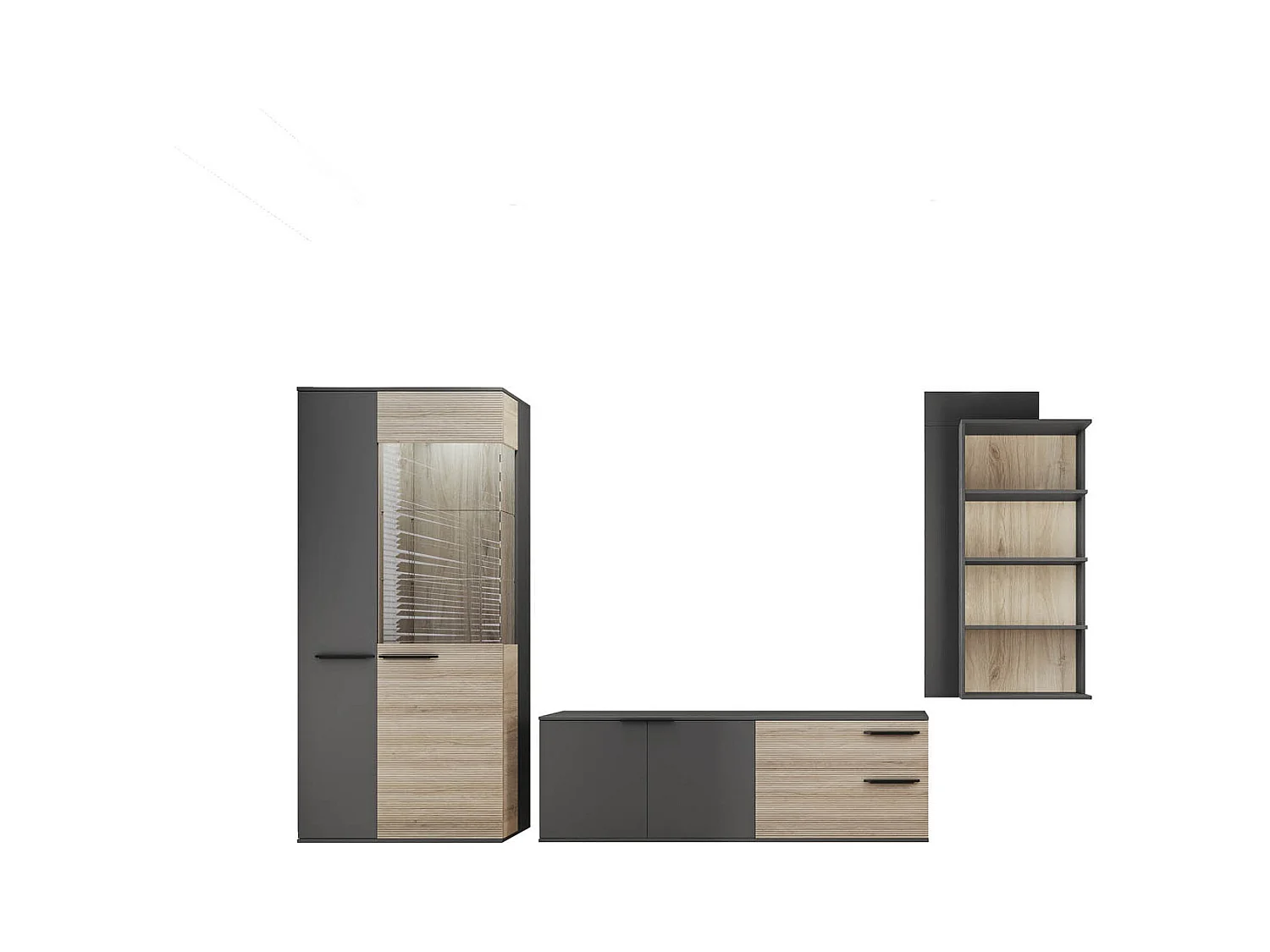 Parete attrezzata rovere chiaro e nero opaco con vetrina PAI35