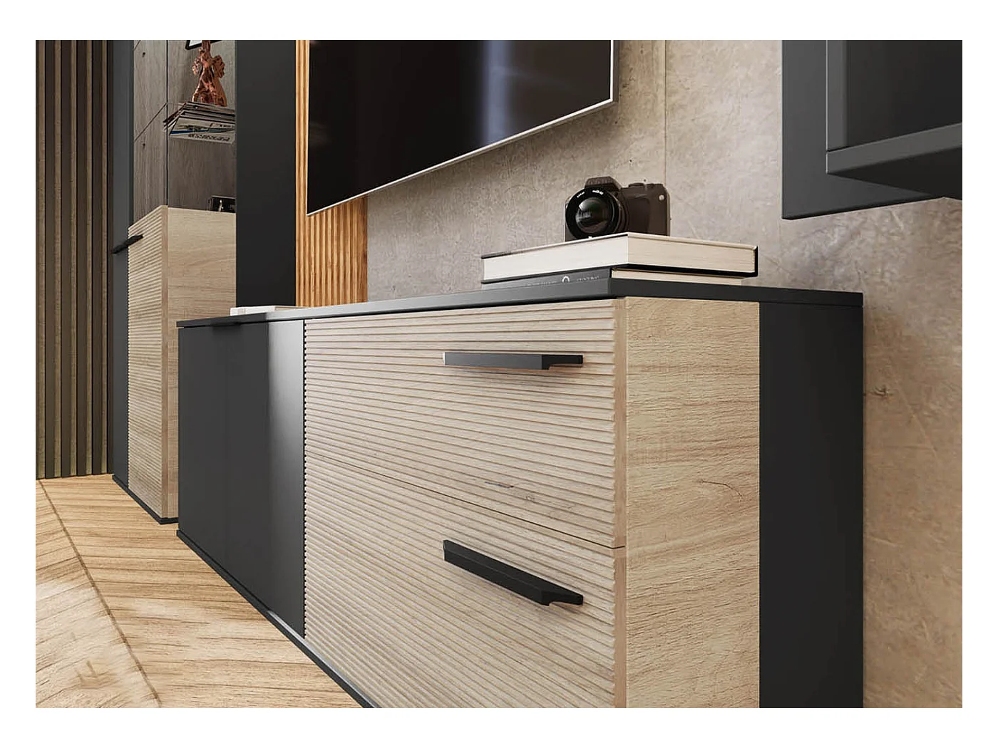 Parete attrezzata rovere chiaro e nero opaco con vetrina PAI35