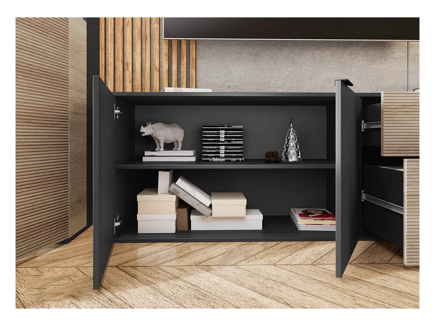 Parete attrezzata rovere chiaro e nero opaco con vetrina PAI35