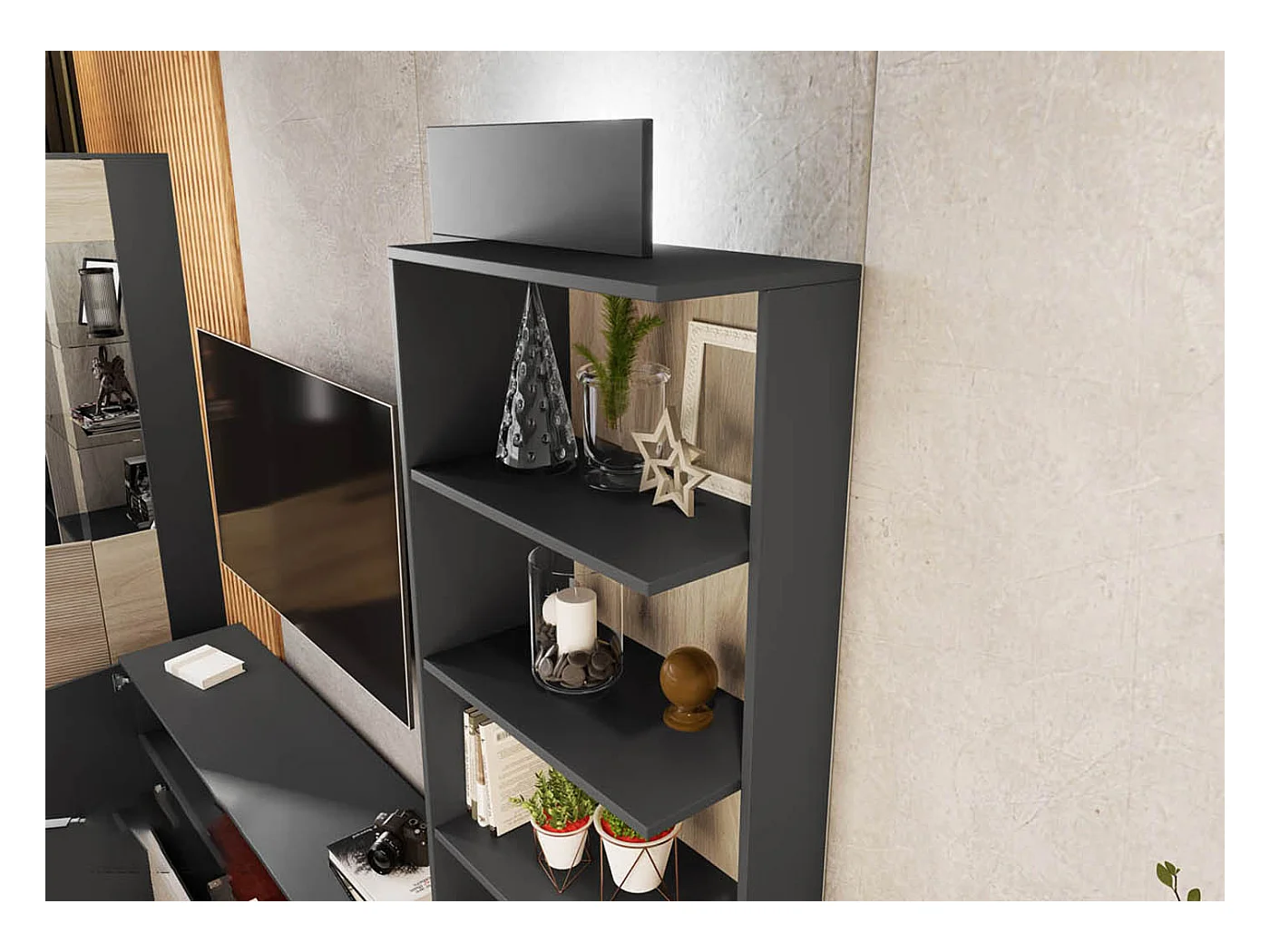 Parete attrezzata rovere chiaro e nero opaco con vetrina PAI35