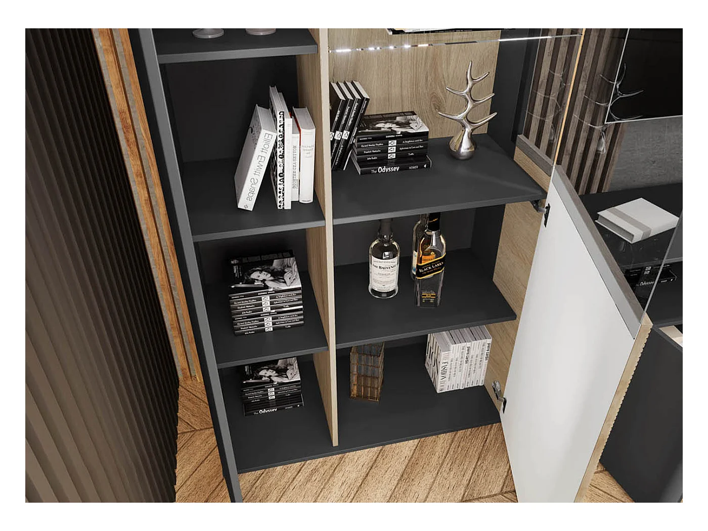 Parete attrezzata rovere chiaro e nero opaco con vetrina PAI35