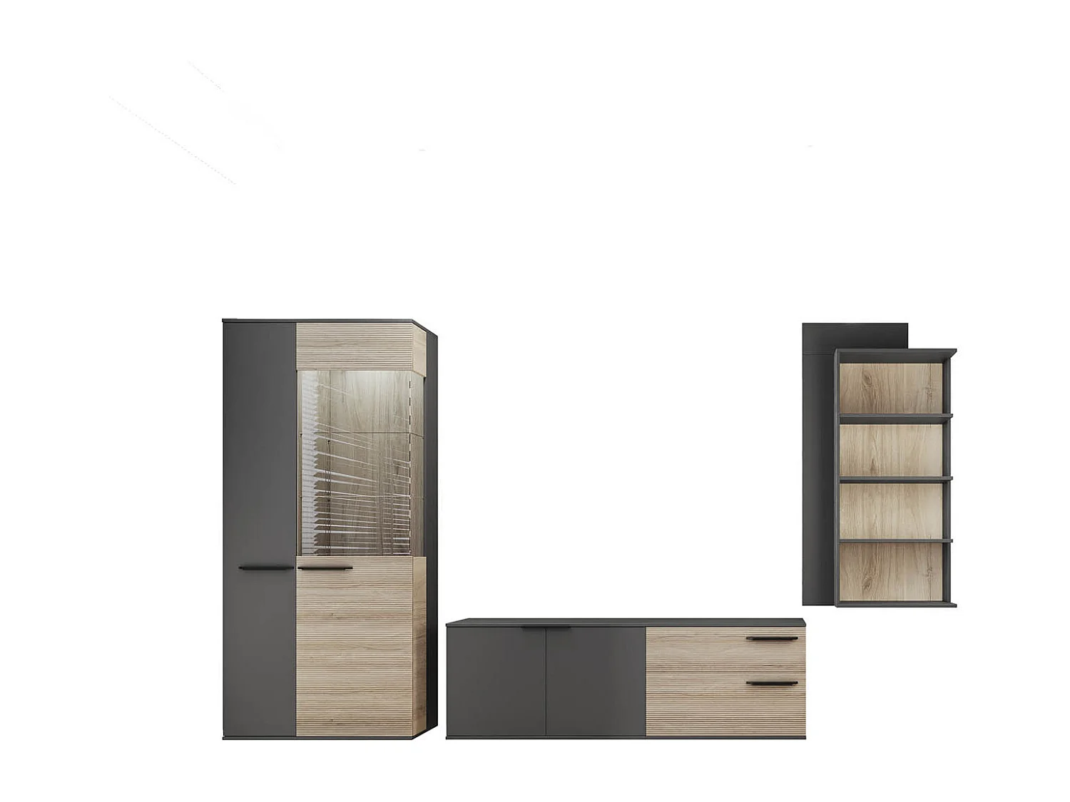 Parete attrezzata rovere chiaro e nero opaco con vetrina PAI35