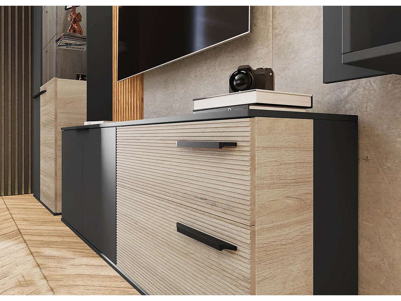 Parete attrezzata rovere chiaro e nero opaco con vetrina PAI35