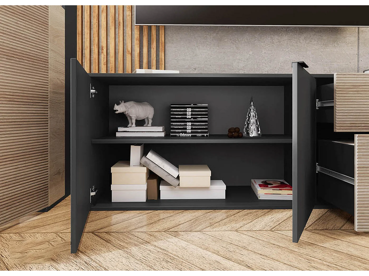 Parete attrezzata rovere chiaro e nero opaco con vetrina PAI35