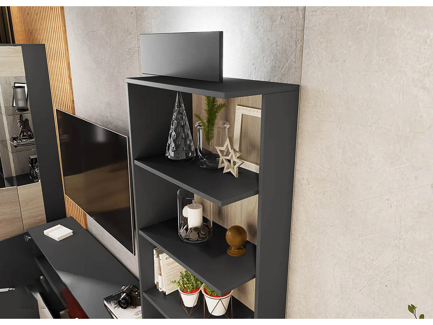 Parete attrezzata rovere chiaro e nero opaco con vetrina PAI35