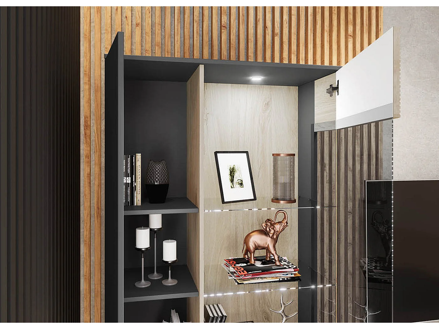 Parete attrezzata rovere chiaro e nero opaco con vetrina PAI35