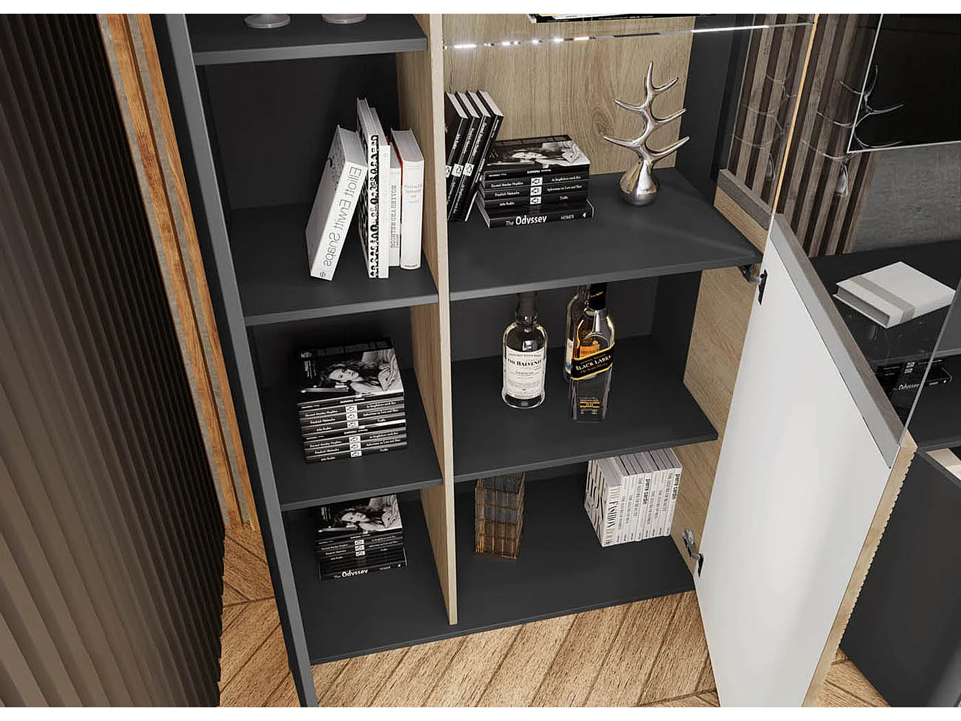 Parete attrezzata rovere chiaro e nero opaco con vetrina PAI35