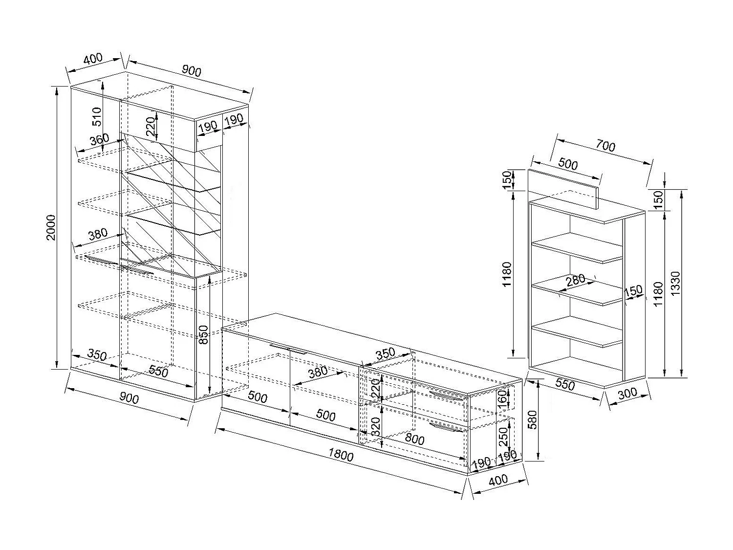 Parete attrezzata rovere chiaro e nero opaco con vetrina PAI35