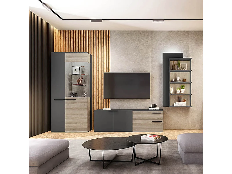 Parete attrezzata rovere chiaro e nero opaco con vetrina PAI35