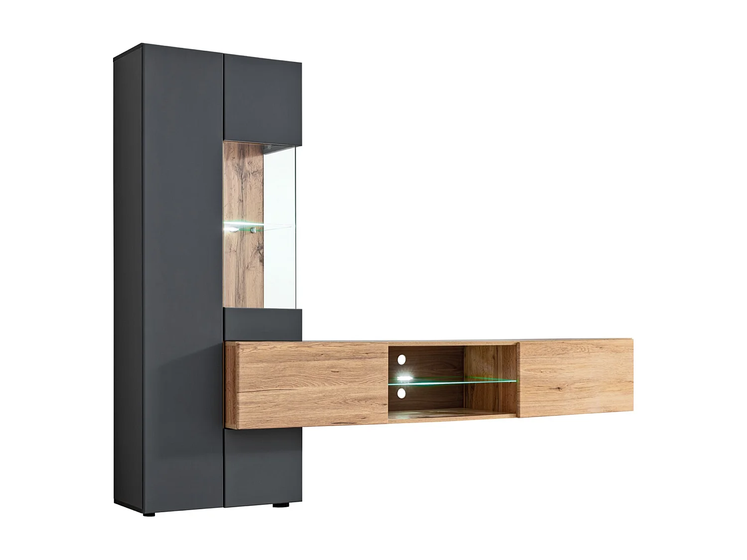 Parete attrezzata moderna con mobile tv sospeso 210x160 antracite e rovere PAP141