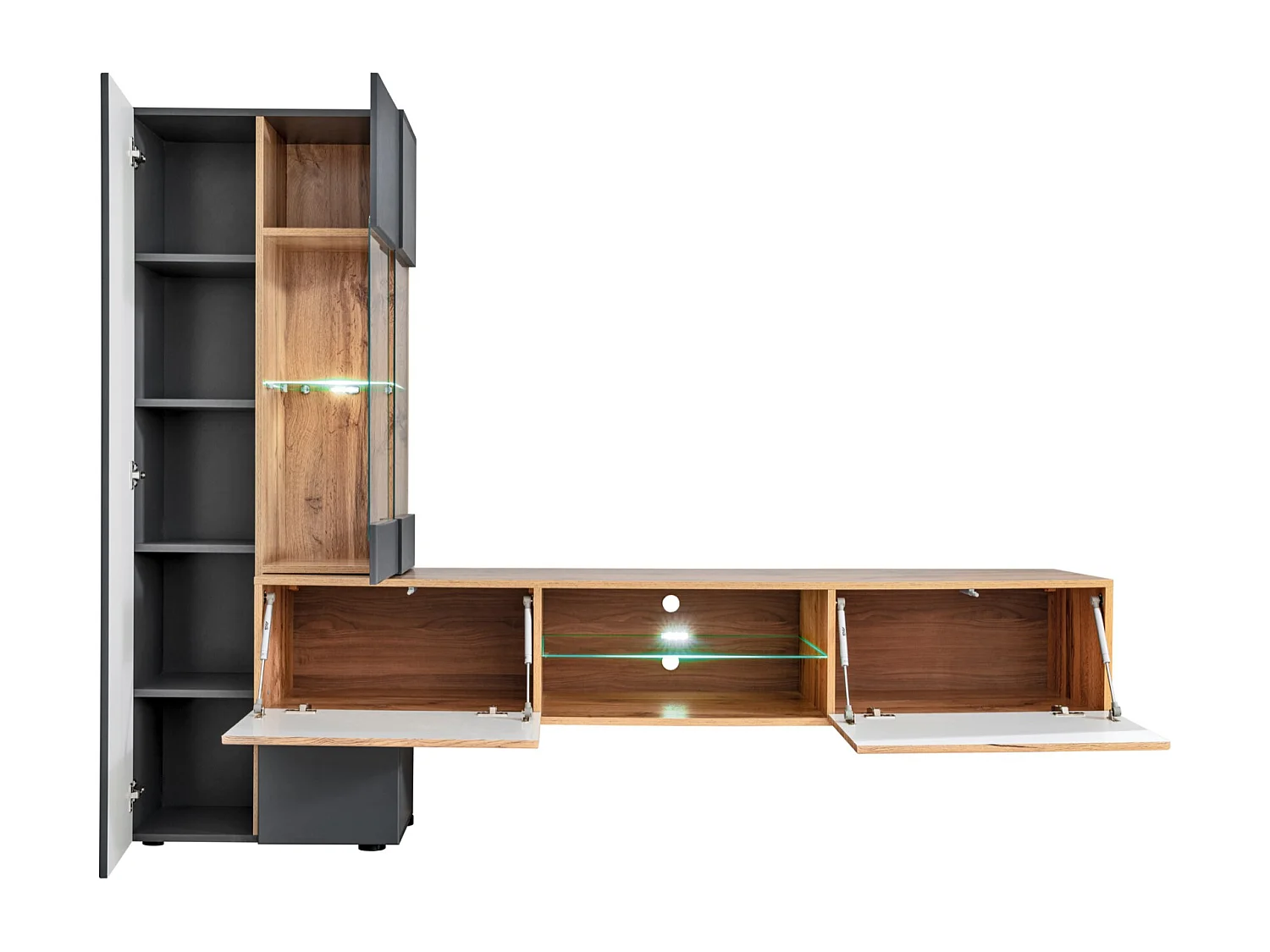 Parete attrezzata moderna con mobile tv sospeso 210x160 antracite e rovere PAP141