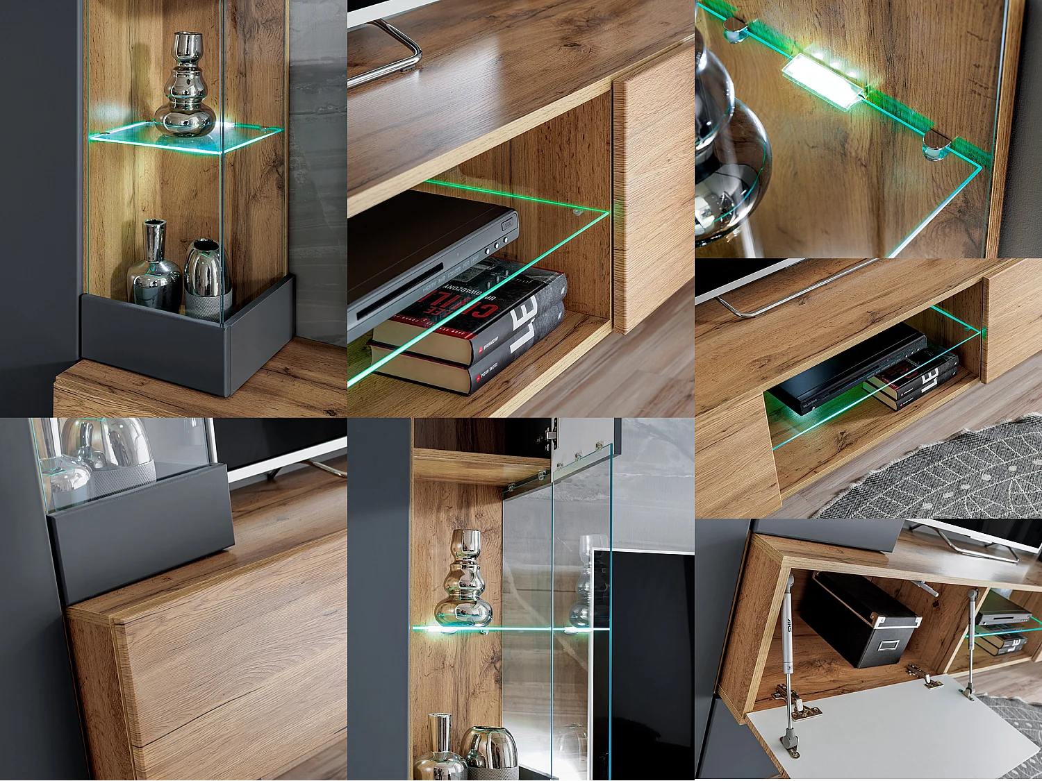 Parete attrezzata moderna con mobile tv sospeso 210x160 antracite e rovere PAP141