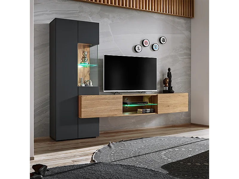 Parete attrezzata moderna con mobile tv sospeso 210x160 antracite e rovere PAP141
