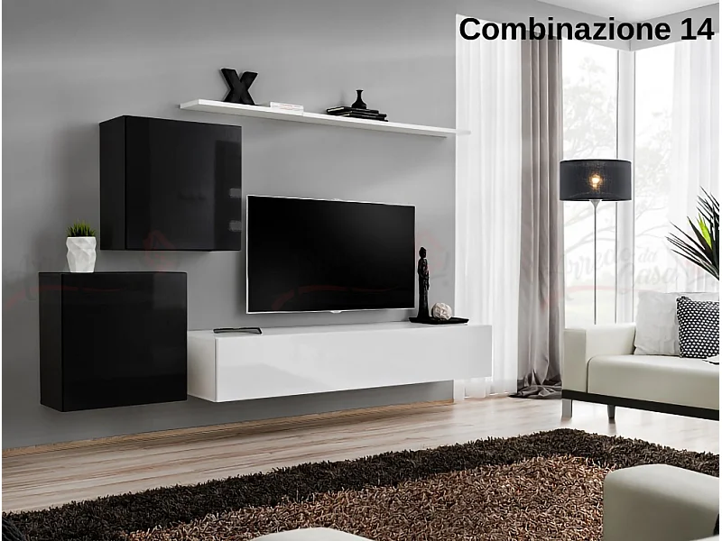 Parete attrezzata moderna mobile TV PAP49 250x150 nero e bianco