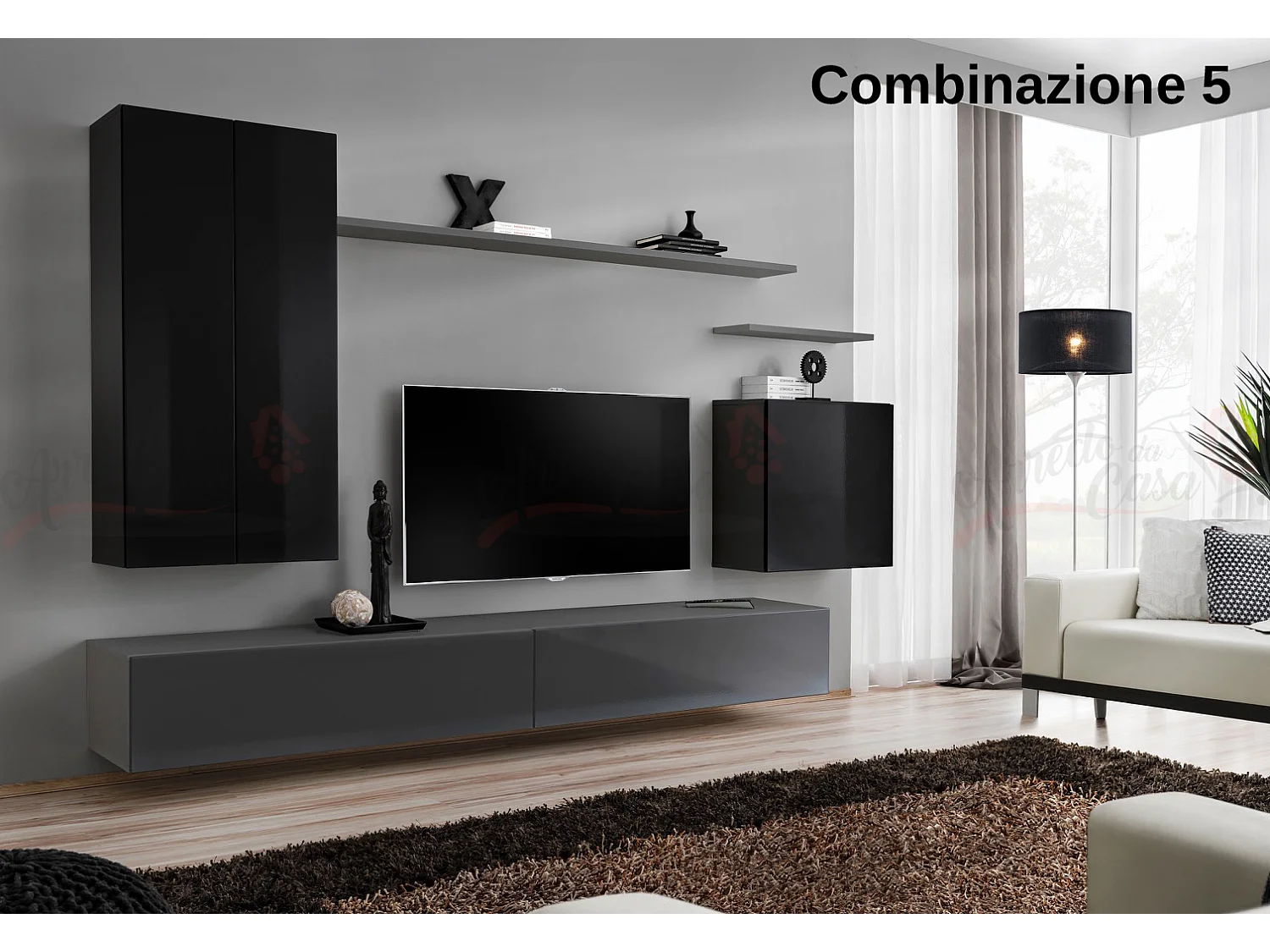 Parete attrezzata sospesa design moderno PAP46 270x160 nero e grigio