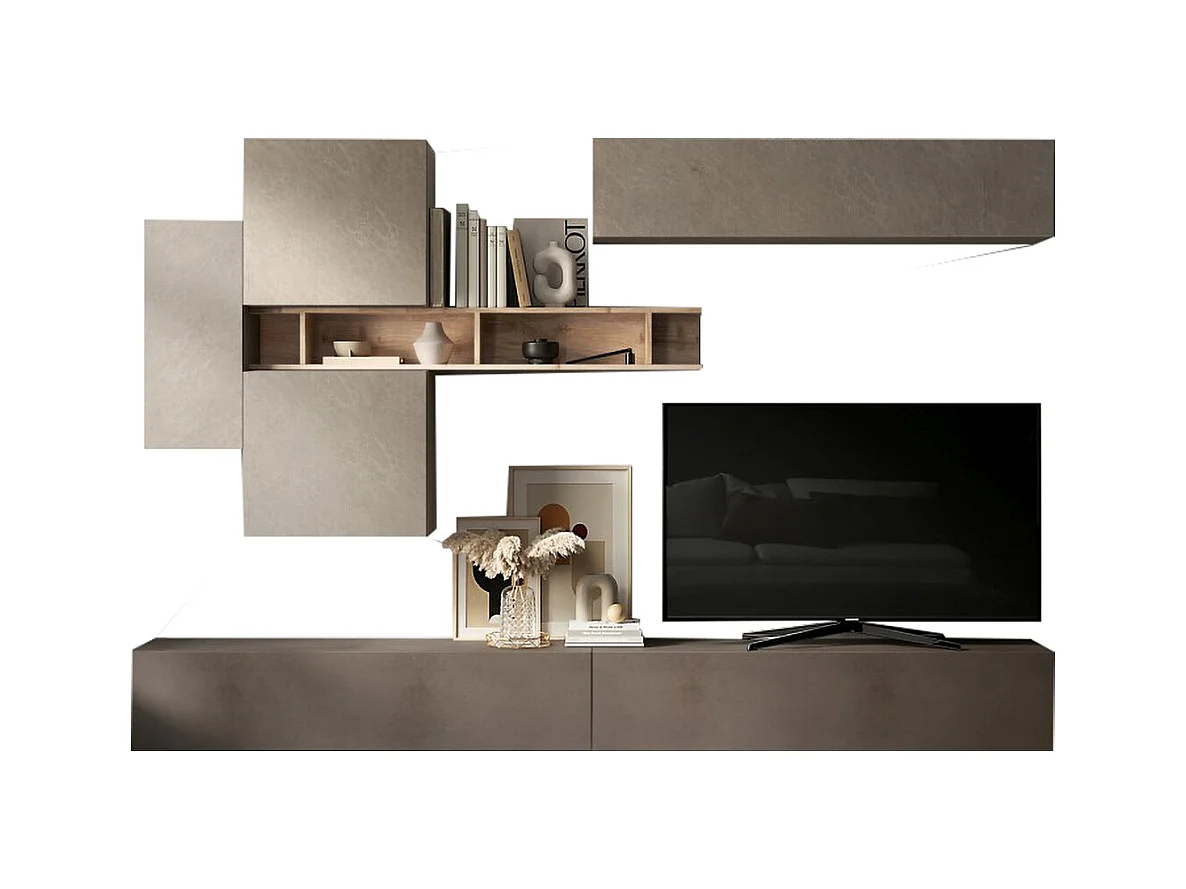 Parete attrezzata sospesa 276x210 cm argilla, bronzo e rovere PAL51