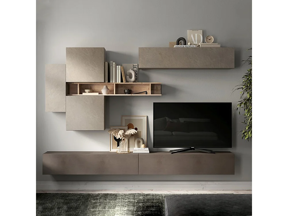 Parete attrezzata sospesa 276x210 cm argilla, bronzo e rovere PAL51