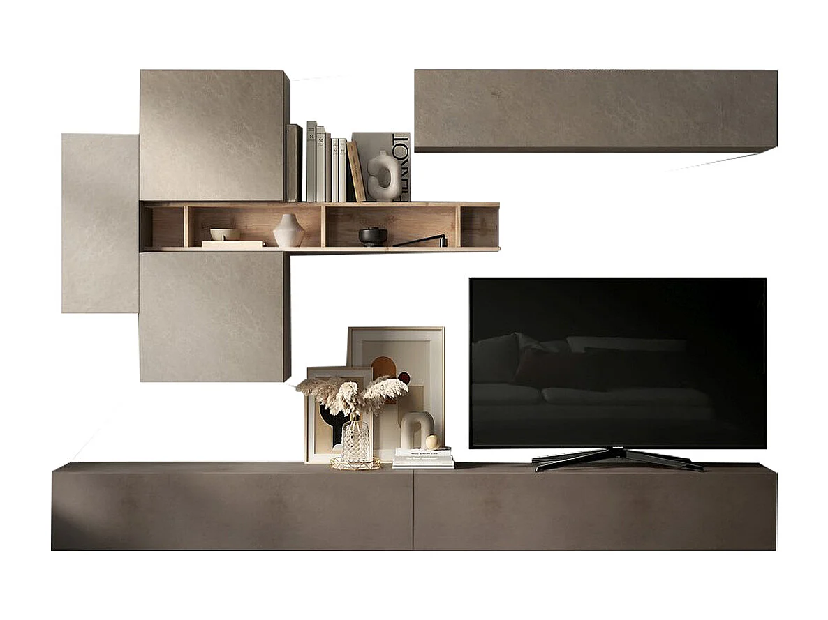 Parete attrezzata sospesa 276x210 cm argilla, bronzo e rovere PAL51