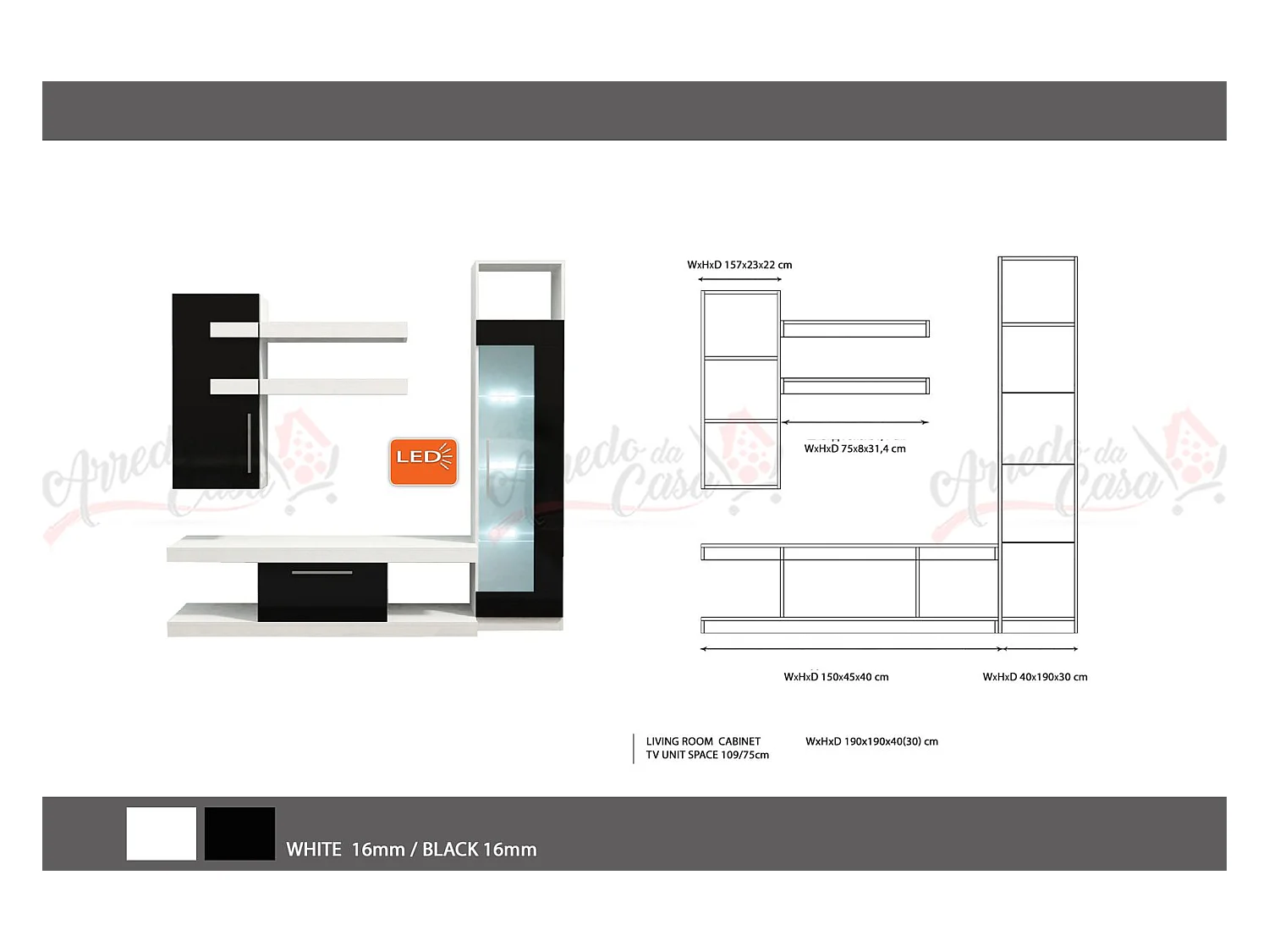 Parete attrezzata moderna per soggiorno bianca e nerq SG5