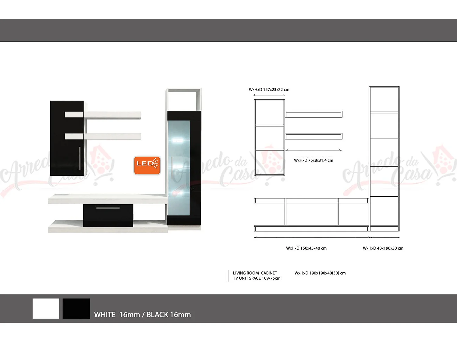 Parete attrezzata moderna per soggiorno bianca e nerq SG5