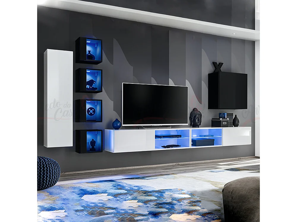 Parete attrezzata soggiorno con vetrinette e led 320x150 bianco e nero PAP72