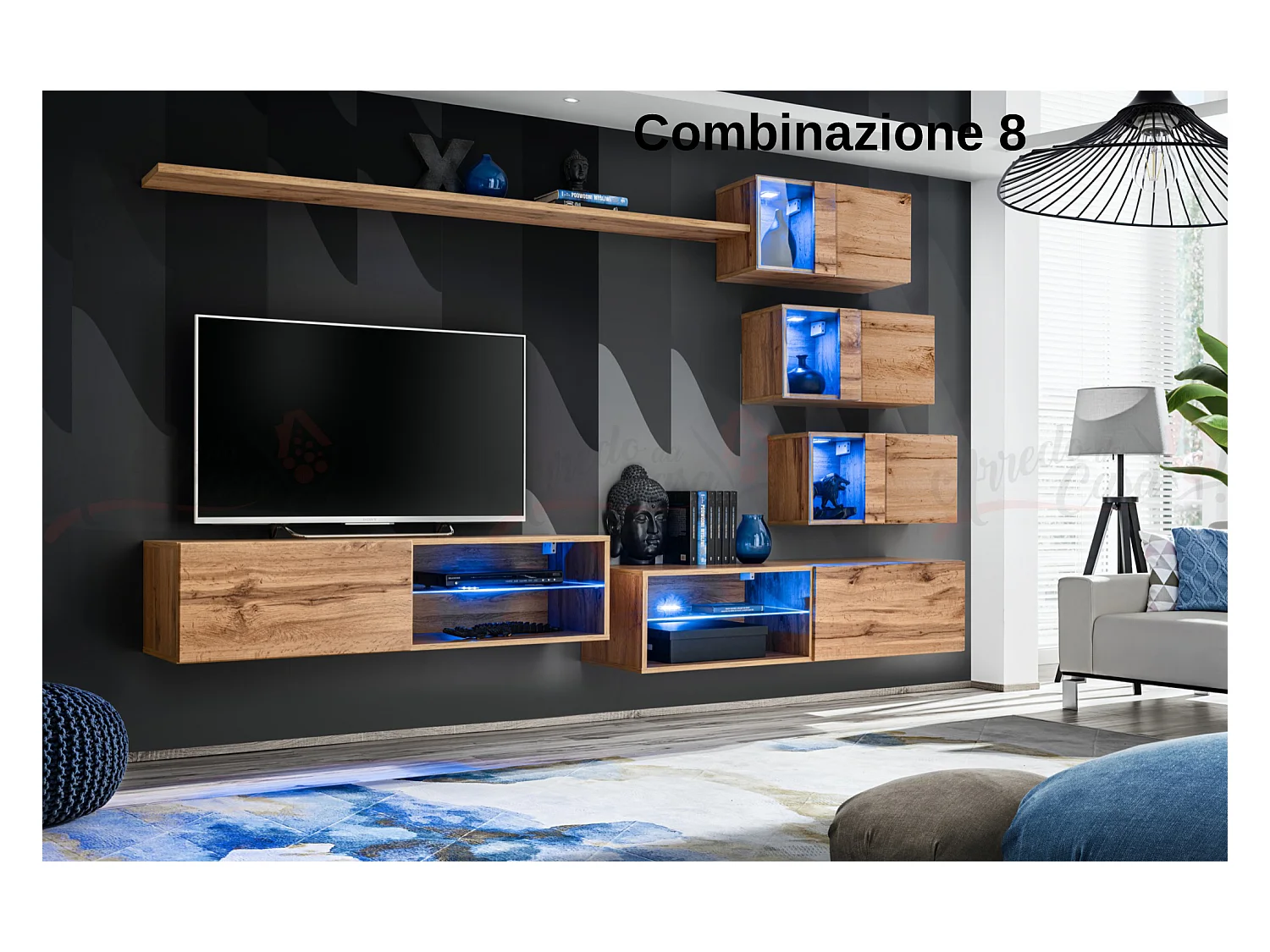 Parete attrezzata per soggiorno con vetrinette e luci led 260x170 rovere PAP70