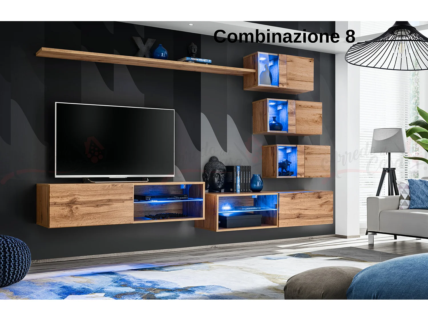 Parete attrezzata per soggiorno con vetrinette e luci led 260x170 rovere PAP70